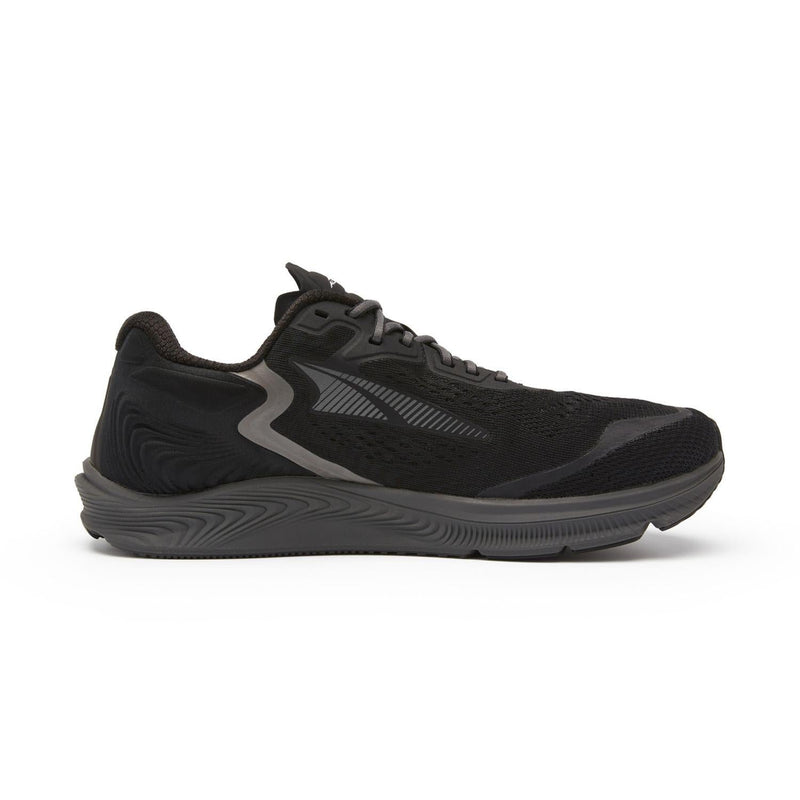 A black running shoe on a white background