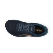 A blue running shoe from above on a white background