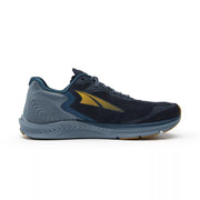 A blue and black running shoe on a white background
