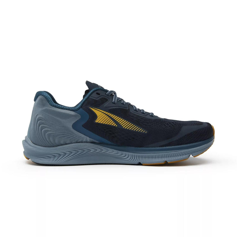 A blue and black running shoe on a white background