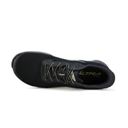 A black running shoe from above on a white background