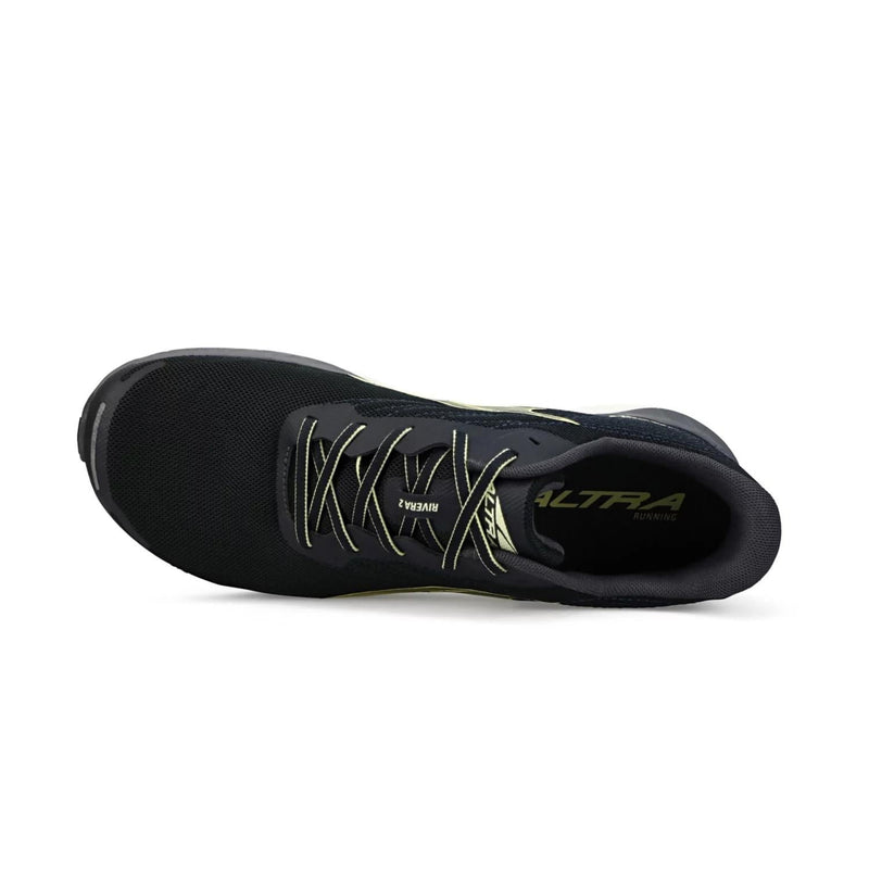 A black running shoe from above on a white background