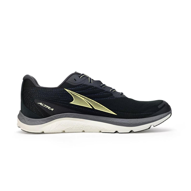 A black running shoe with a white bottom on a white background