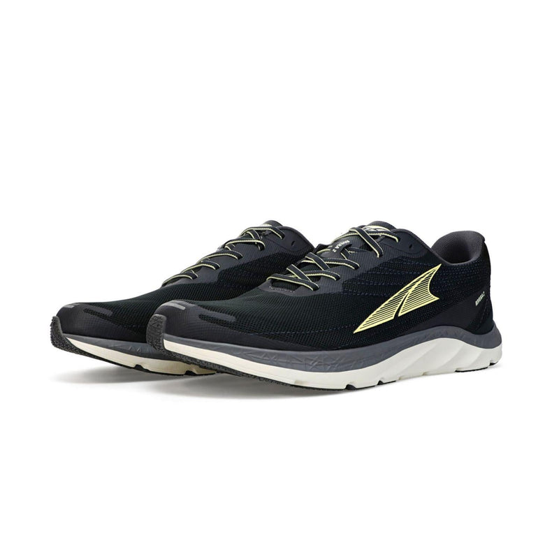 A pair of black running shoes with white bottoms on a white background