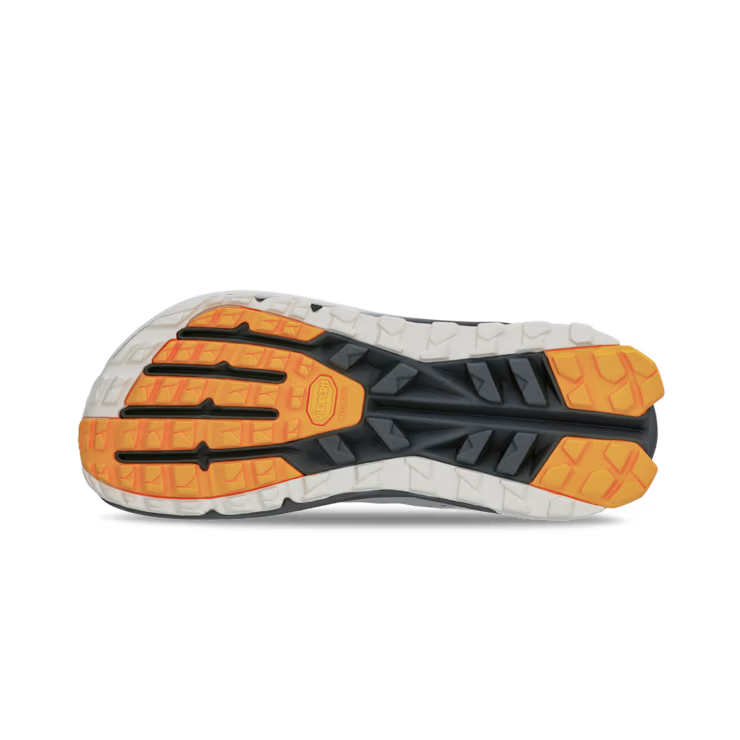 Bottom view of a hiking shoe with a black, white, and orange tread against a white background. 