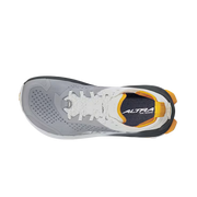 Top view of a gray hiking shoe with white and orange accents against a white background. 