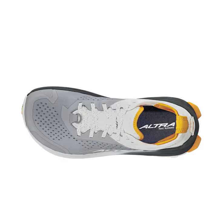 Top view of a gray hiking shoe with white and orange accents against a white background. 