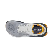 Top view of a gray hiking shoe with white and orange accents against a white background. 