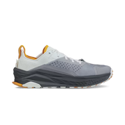 Side view of a gray hiking shoe with white and orange accents against a white background. 