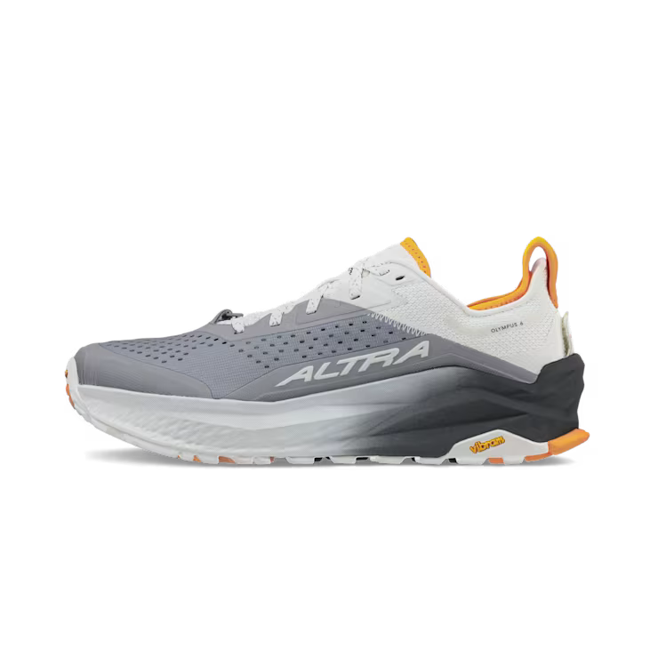 Side view of a grey hiking shoe with white and orange accents against a white background.