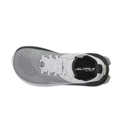 Top view of a gray and white hiking shoe against a white background.