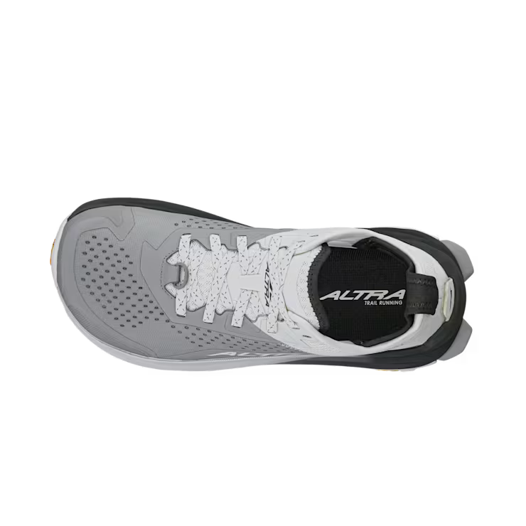 Top view of a gray and white hiking shoe against a white background.