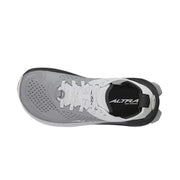 Top view of a gray and white hiking shoe against a white background.