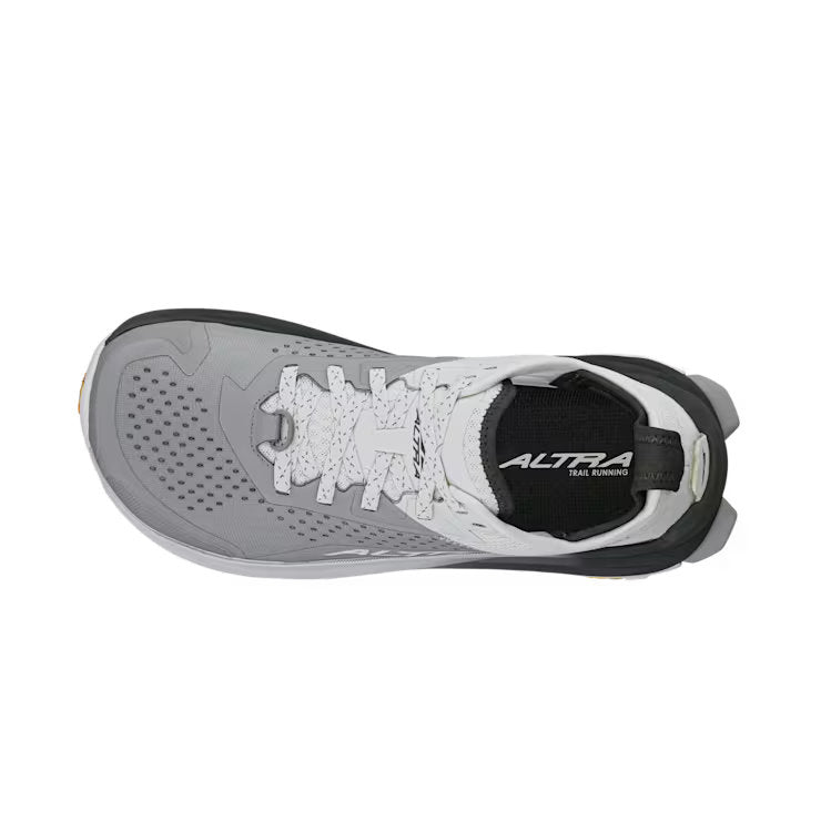 Top view of a gray and white hiking shoe against a white background.