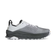 Side view of a gray and white hiking shoe against a white background. 