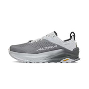Side view of a gray and white hiking shoe against a white background.