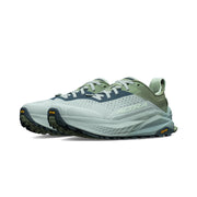 Gray running shoe with brand logo on a white background