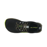 Top view of a black hiking shoe with lime green accents against a white background. 