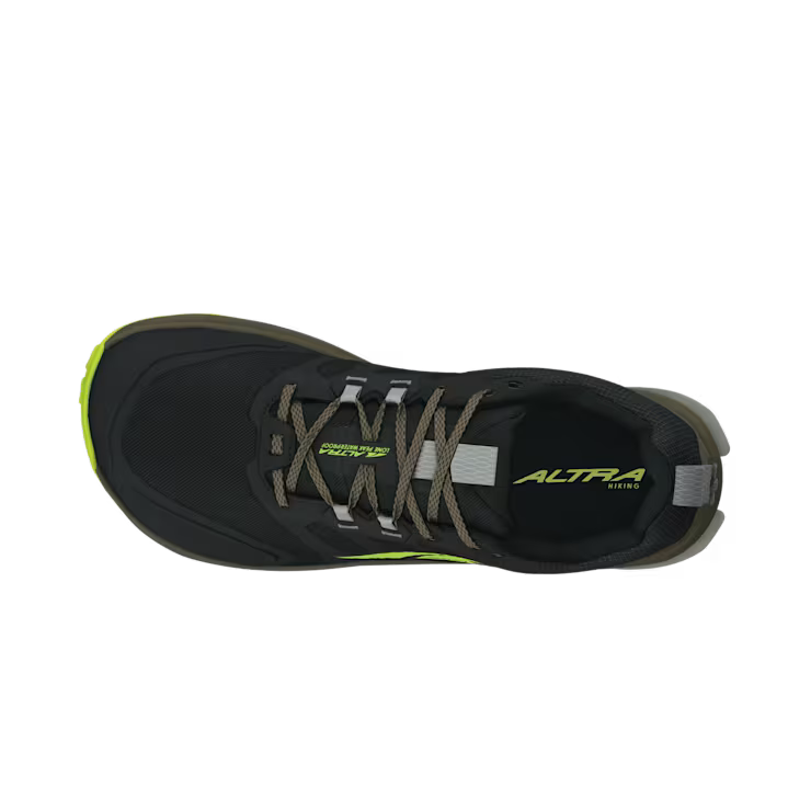 Top view of a black hiking shoe with lime green accents against a white background. 