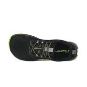 Top view of a black hiking shoe with lime green accents against a white background. 
