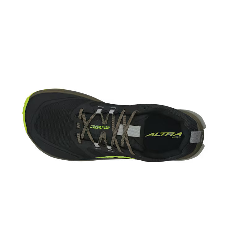 Top view of a black hiking shoe with lime green accents against a white background. 