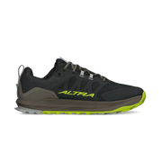 Side view of a black hiking shoe with lime green accents against a white background. 
