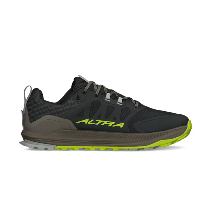 Side view of a black hiking shoe with lime green accents against a white background. 