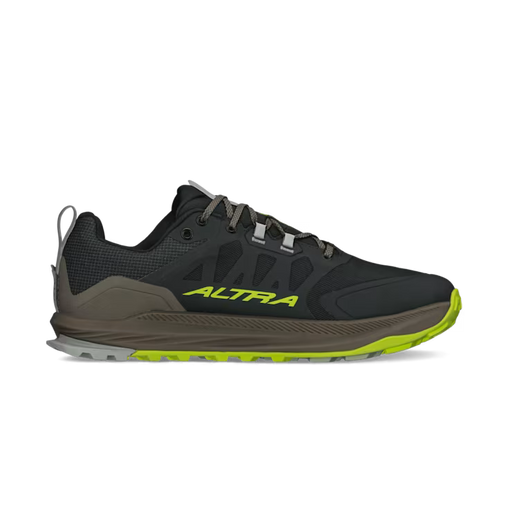 Side view of a black hiking shoe with lime green accents against a white background. 