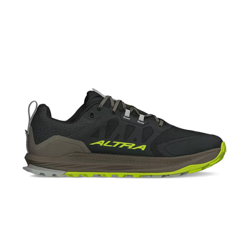 Side view of a black hiking shoe with lime green accents against a white background. 