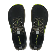Top view of a pair of black hiking shoes with lime green accents against a white background.