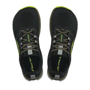 Top view of a pair of black hiking shoes with lime green accents against a white background.