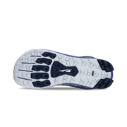 Bottom view of a blue hiking shoe showing a white and darker blue colored tread against a white background. 