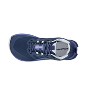 Top view of a dark blue hiking shoe with light blue accents against a white background.