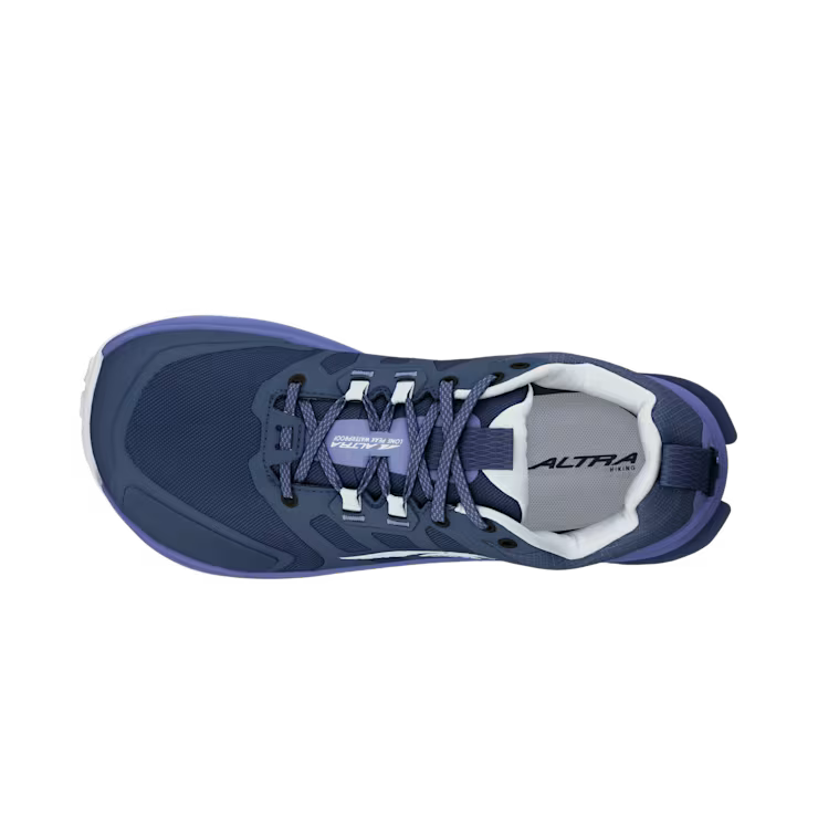 Top view of a dark blue hiking shoe with light blue accents against a white background.