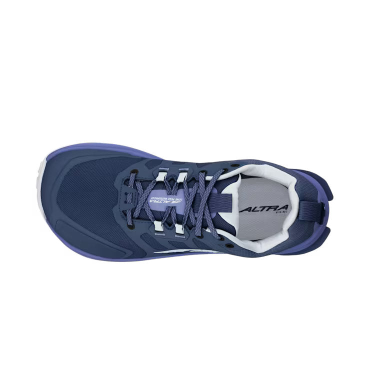 Top view of a dark blue hiking shoe with light blue accents against a white background.