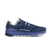 Side view of a dark blue hiking shoe with light blue accents against a white background.