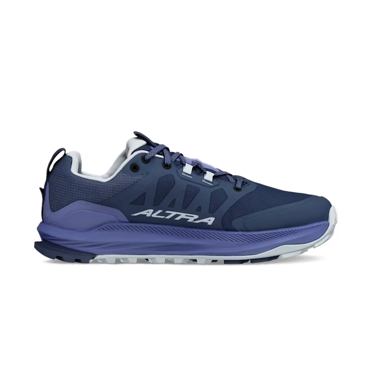Side view of a dark blue hiking shoe with light blue accents against a white background.