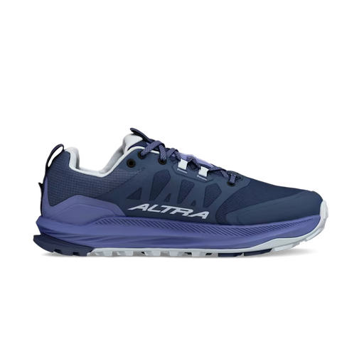 Side view of a dark blue hiking shoe with light blue accents against a white background.