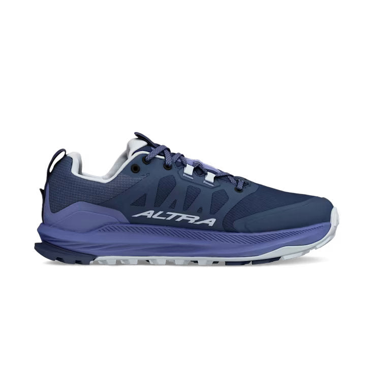 Side view of a dark blue hiking shoe with light blue accents against a white background.