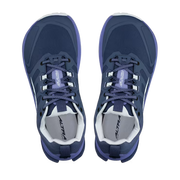 Top view of a pair of dark blue hiking shoes with light blue accents against a white background. 