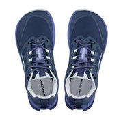 Top view of a pair of dark blue hiking shoes with light blue accents against a white background. 