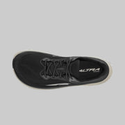 A black running shoe from above on a white background