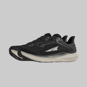 A pair of black running shoes with white bottoms on a white background