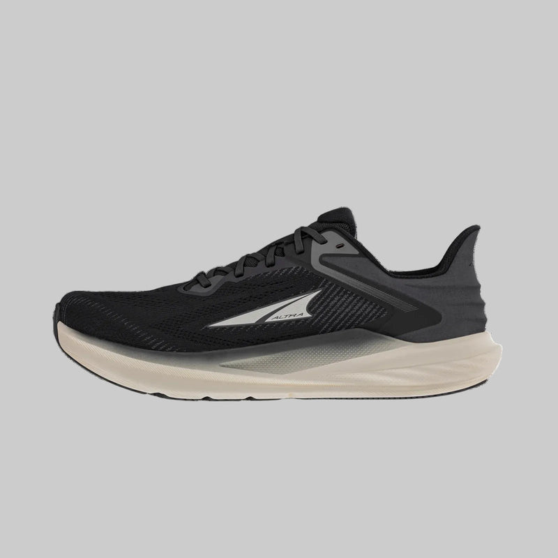 A black running shoe with a white bottom on a white background
