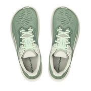 A pair of green running shoes with white details on a white background