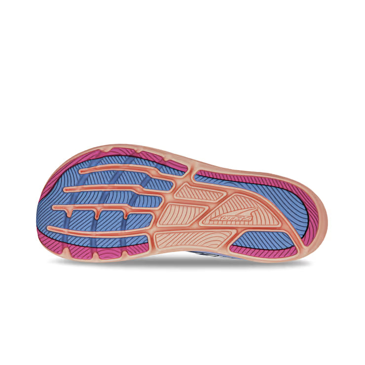 Bottom view of the tread of a blue and pink trail running shoe against a white background. 