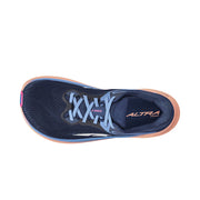 Top view of a navy blue trail running shoe with pink accents and blue laces against a white background. 