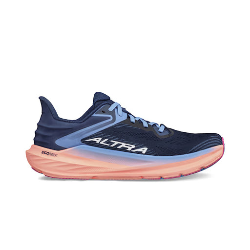 Side view of a navy blue trail running shoe with pink accents and blue laces against a white background. 