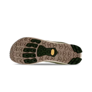 Bottom view of an olive green trail running shoe. The tread is brown with accents of dark green against a white background. 