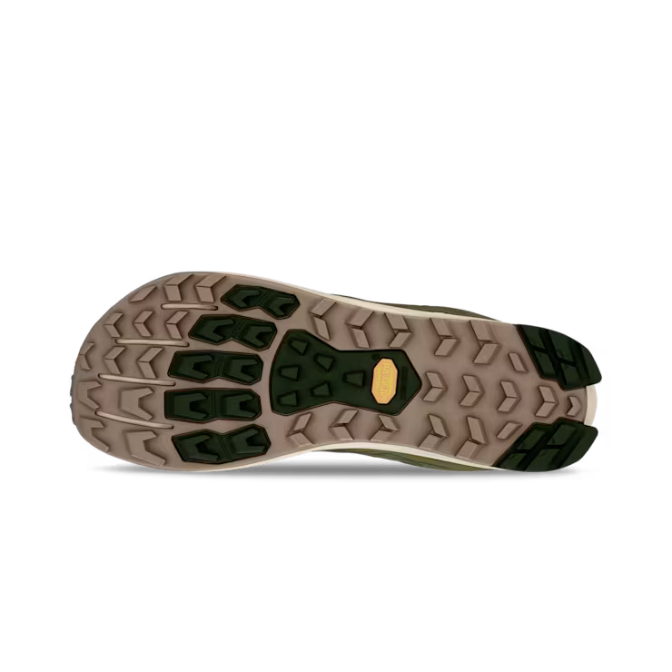 Bottom view of an olive green trail running shoe. The tread is brown with accents of dark green against a white background. 